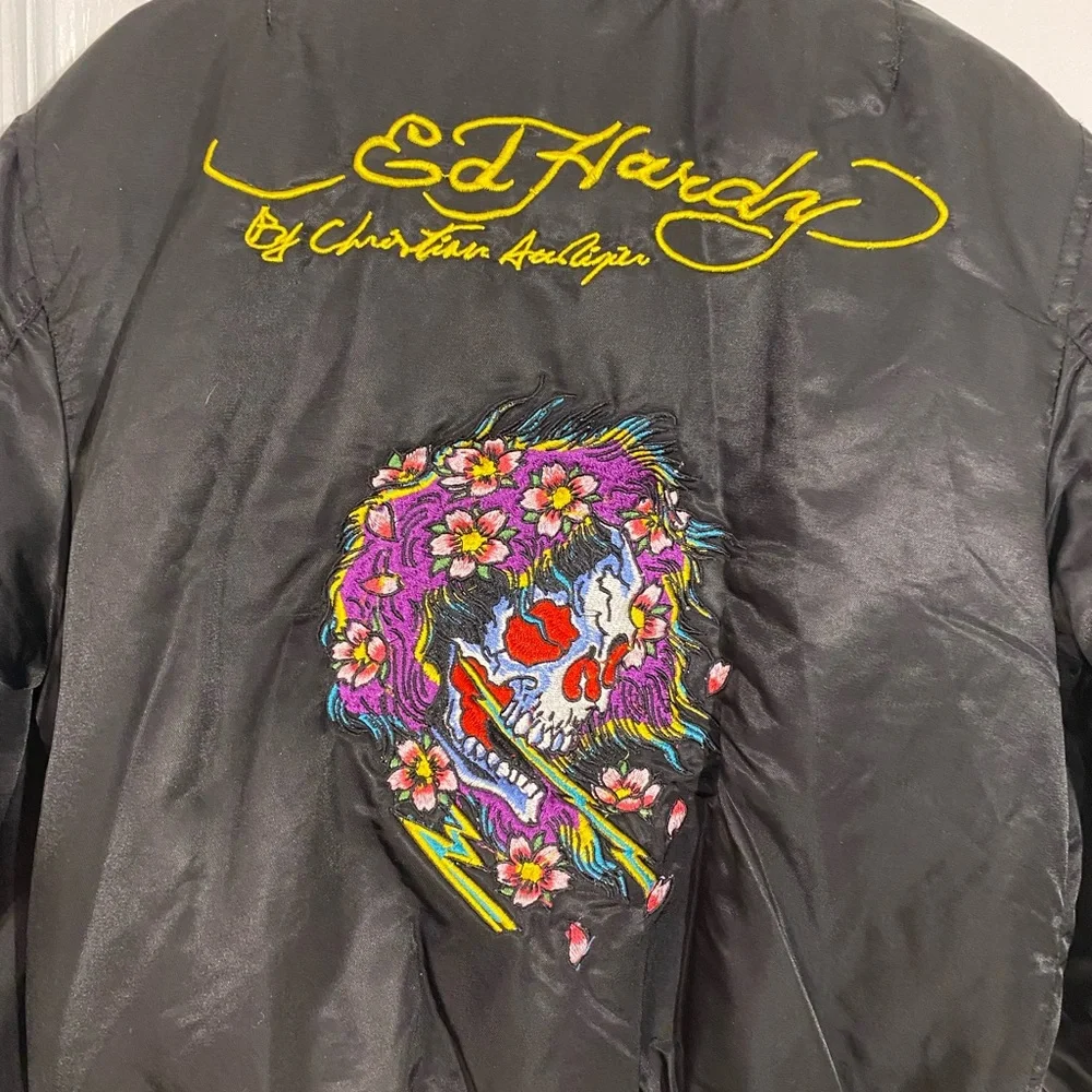 Y2K Ed Hardy Kids Skull Embroidered Satin Bomber Jacket Black Boys 6/7